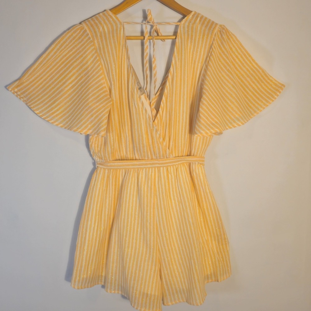 Mi Ami Romper Womens Large Yellow White Striped Surplice Neck Belted Casual NWT - Picture 3 of 9